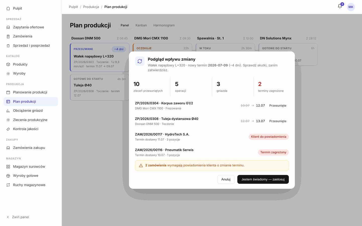 Reschedule with an impact preview: before you commit a new deadline, see exactly which jobs and machine cells shift — and which customers need a heads-up.