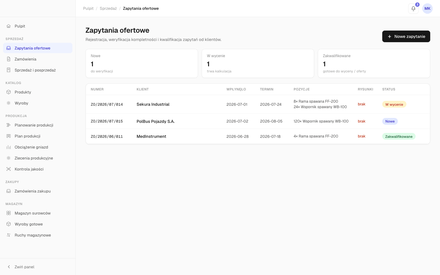 Every RFQ in one place — logged, qualified and status-tracked, instead of quotes scattered across email, portals and people.