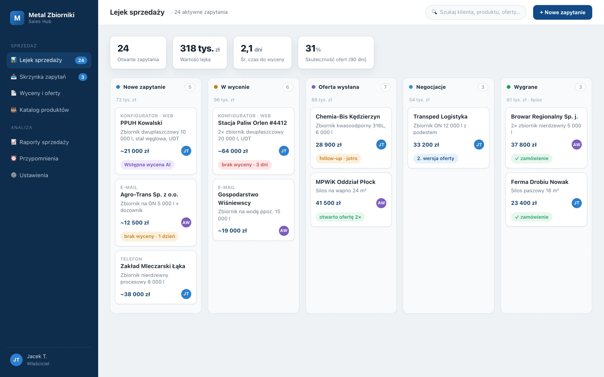 A CRM pipeline replaces shared-inbox guesswork — stages, owners, and a nudge when a quote is overdue.