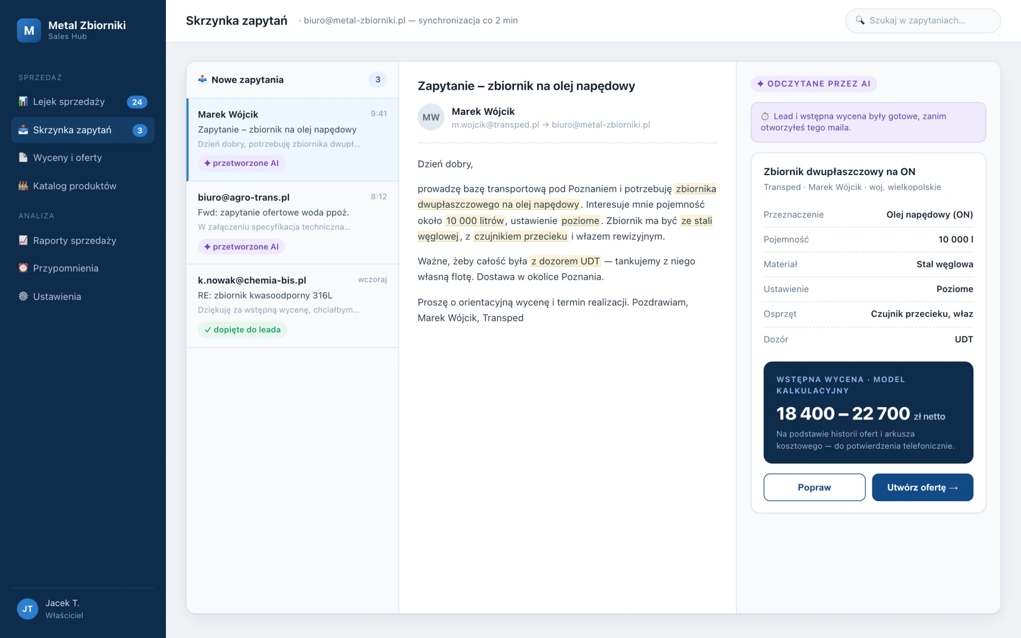 Incoming email enquiries are parsed into structured leads — with a preliminary quote ready before the owner opens the message.