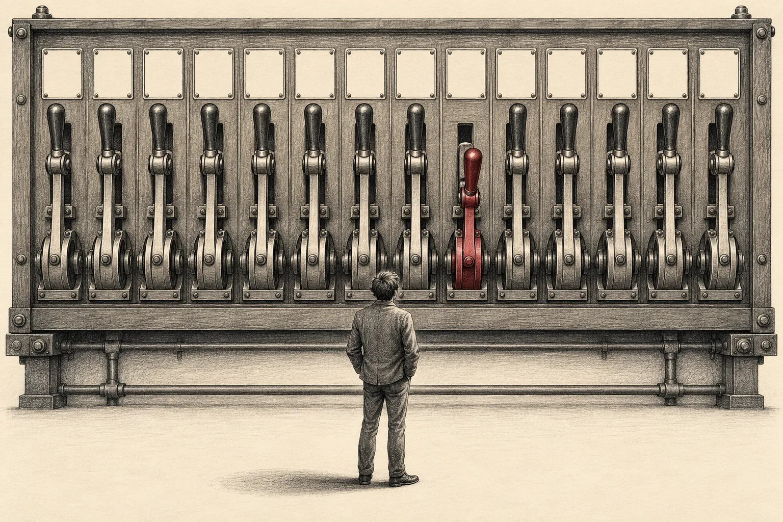 A small figure facing an oversized bank of levers, with exactly one lever thrown.