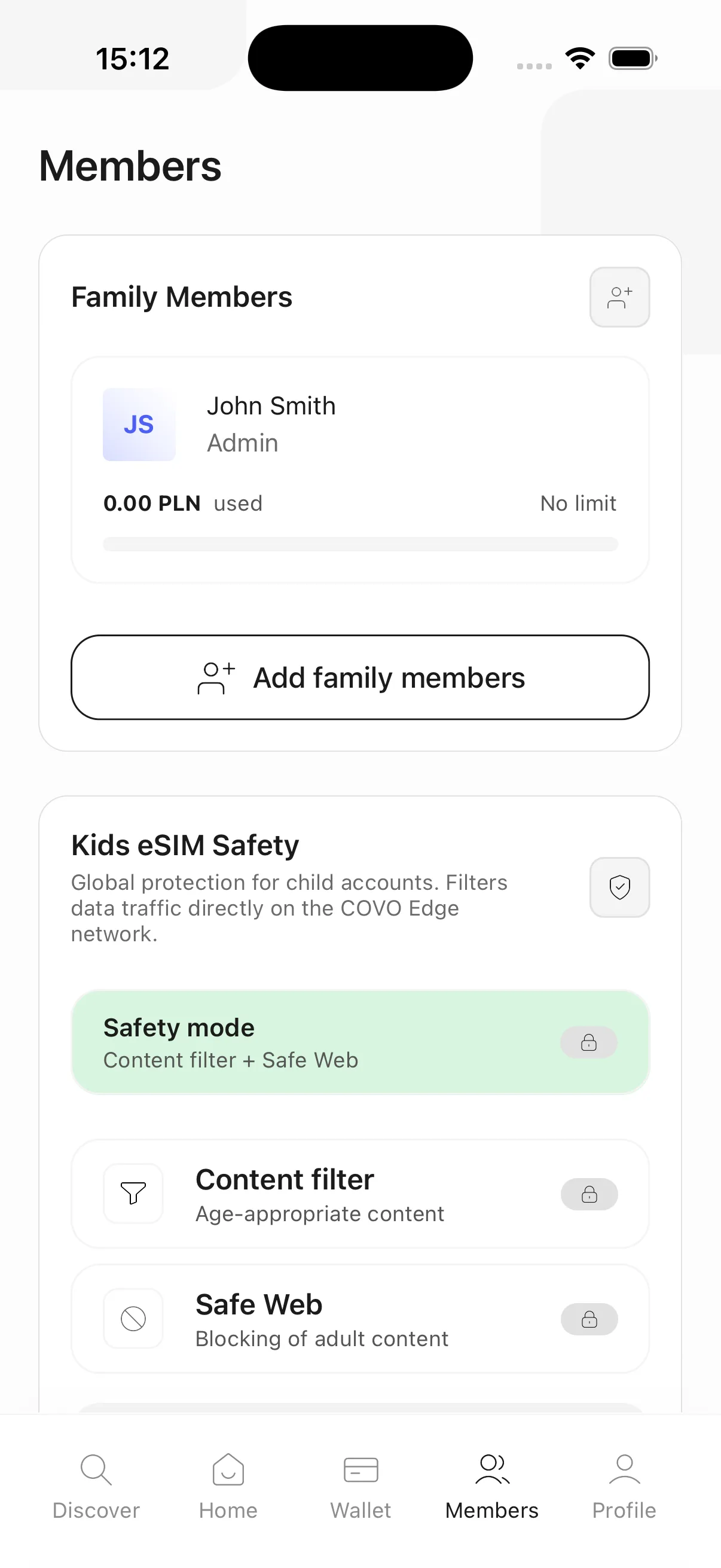 Kids' eSIM safety in the app: content filtering and Safe Web, switched on for a child and enforced on the network rather than on the handset.