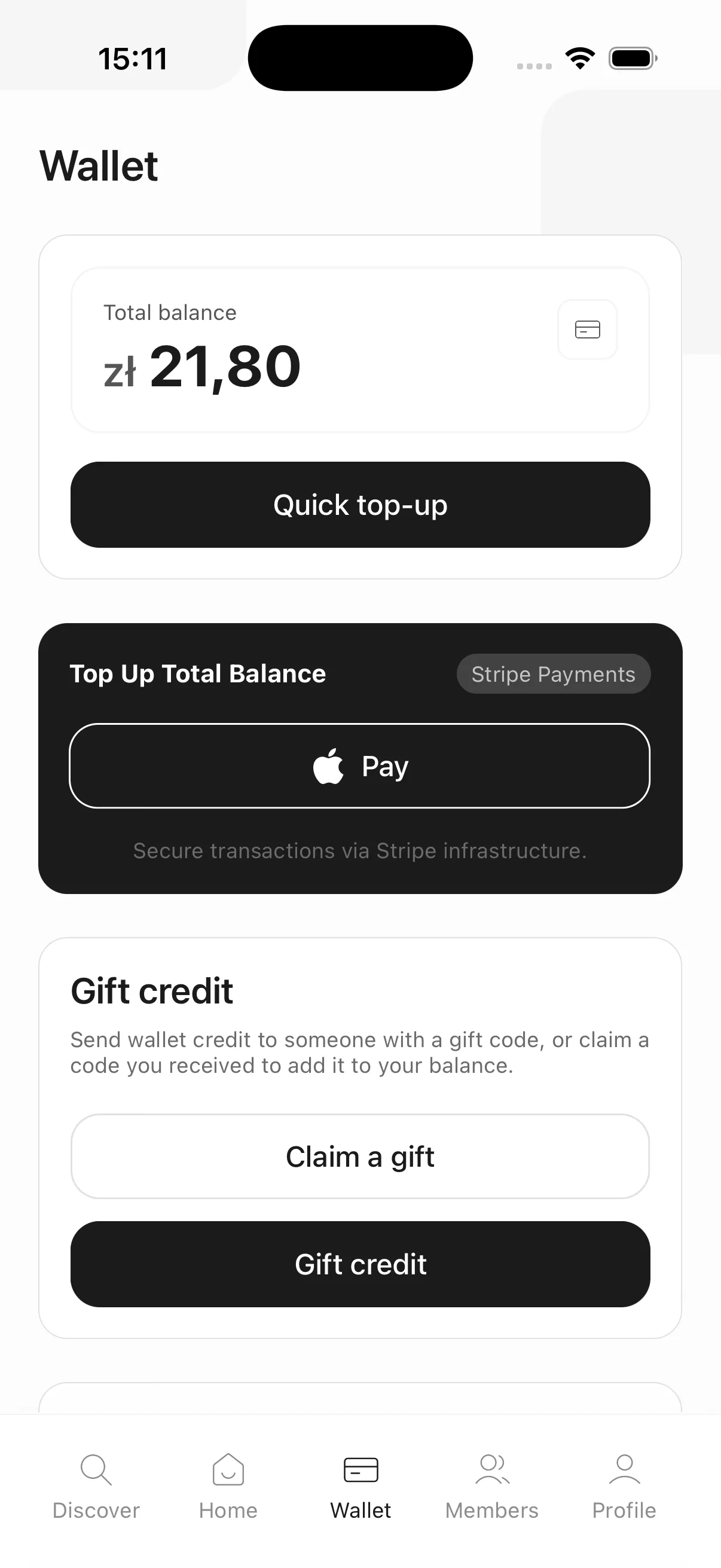 The wallet tops up in one tap via Apple Pay over Stripe; balance can be gifted or claimed with a code.