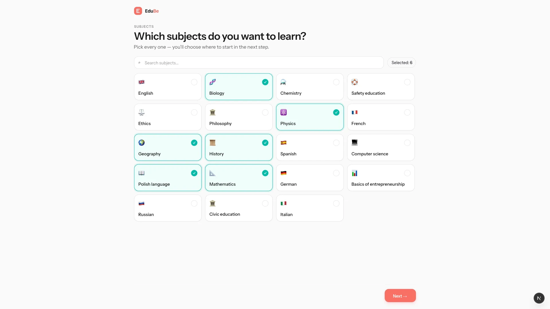 Students choose from a curriculum-wide subject catalogue during onboarding.
