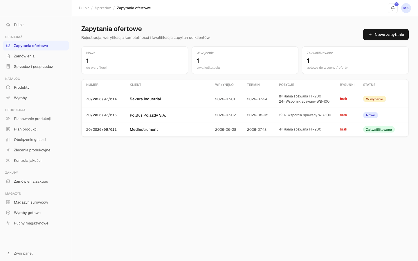 Każde RFQ w jednym miejscu — zarejestrowane, zakwalifikowane i ze śledzonym statusem, zamiast ofert rozsianych po mailach, portalach i ludziach.