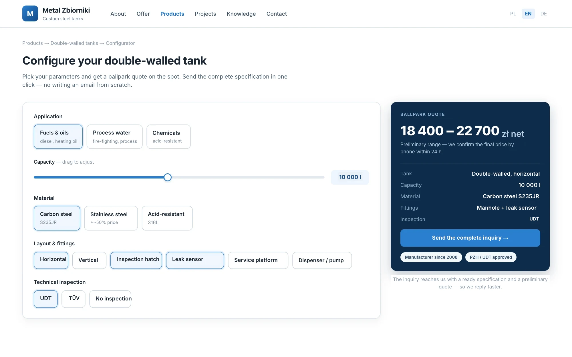 The product configurator turns tank specs into an instant ballpark quote and a complete, structured enquiry.