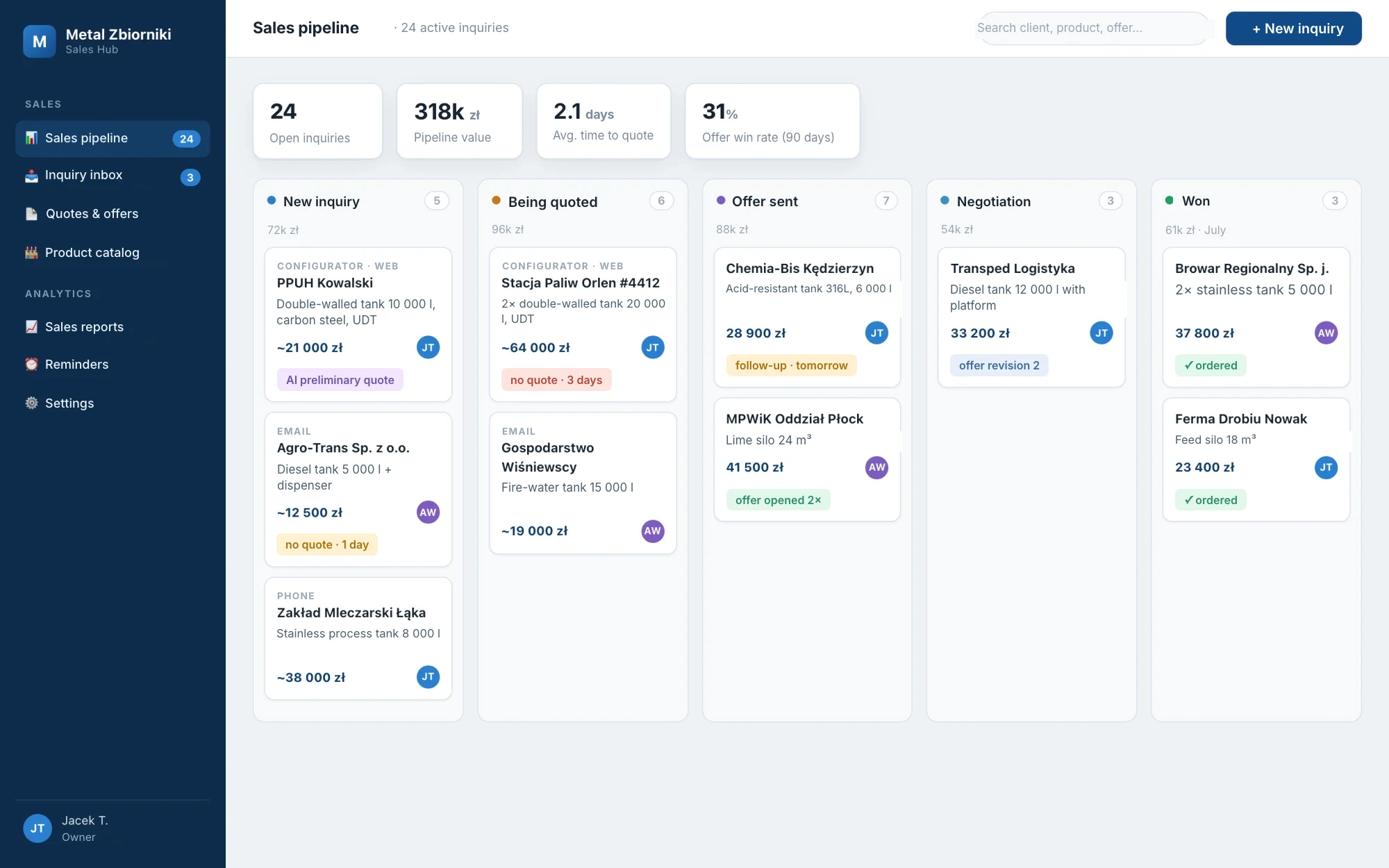 A CRM pipeline replaces shared-inbox guesswork — stages, owners, and a nudge when a quote is overdue.