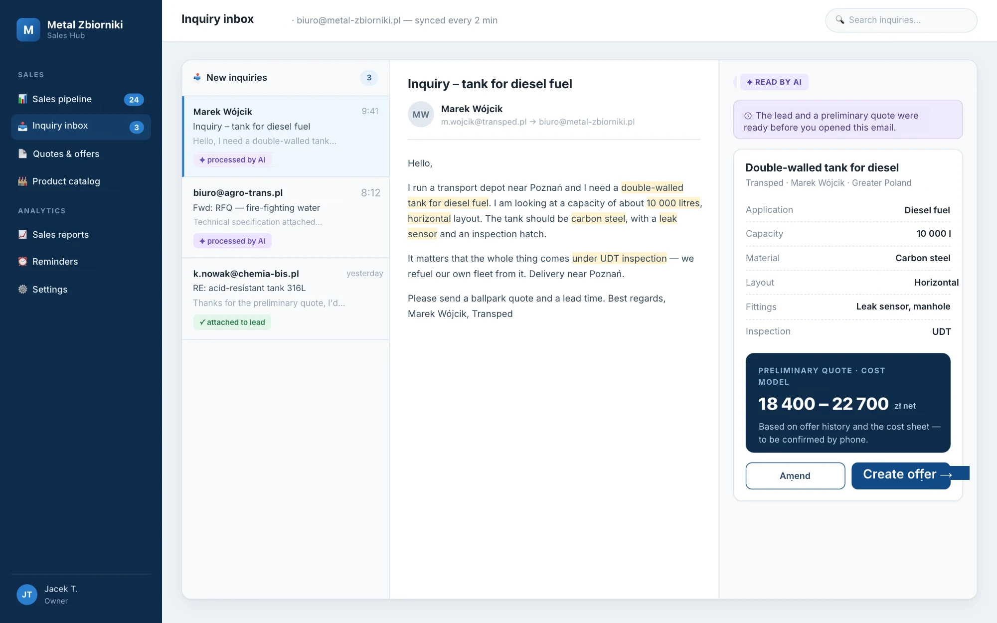 Incoming email enquiries are parsed into structured leads — with a preliminary quote ready before the owner opens the message.