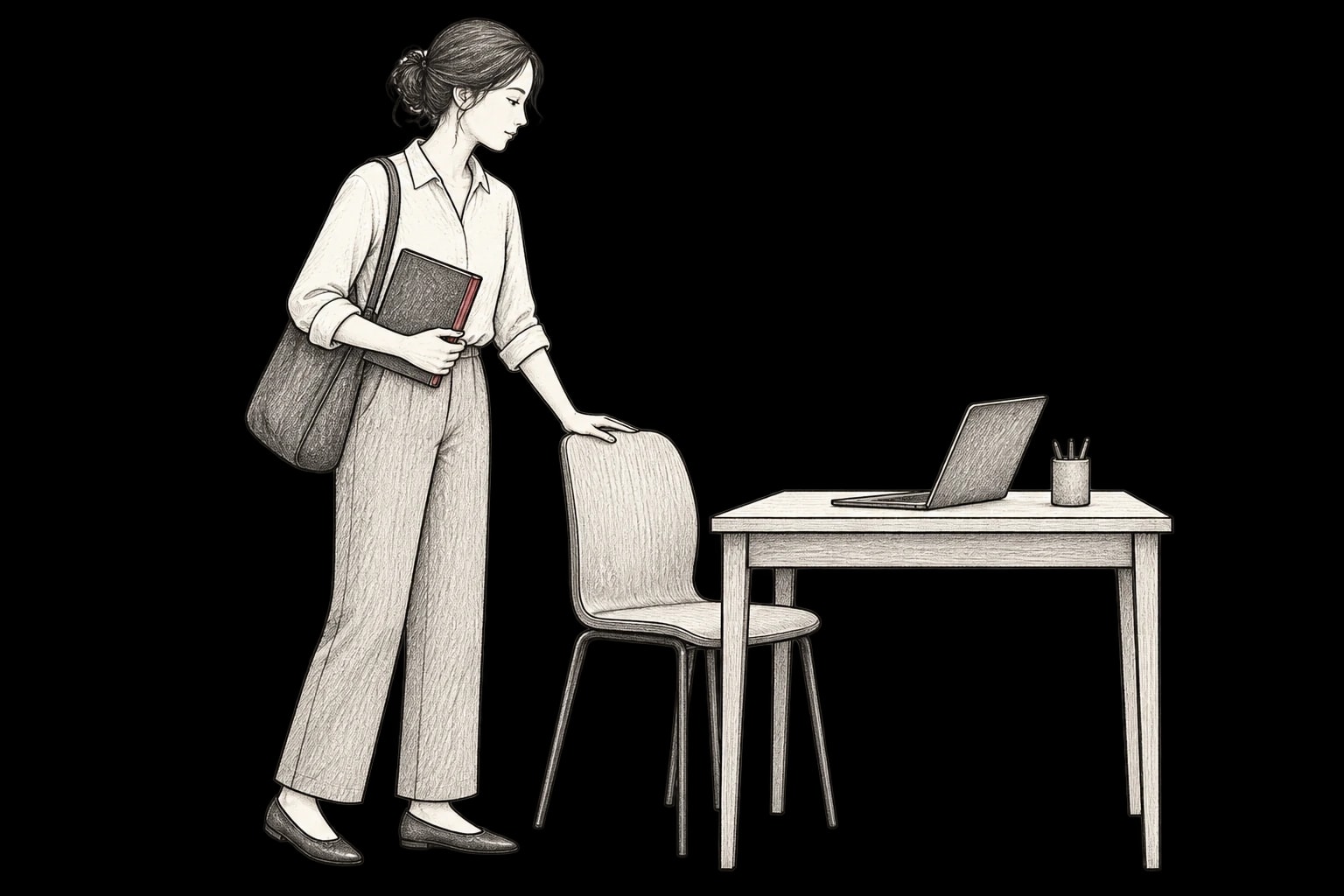 A newcomer with a shoulder bag and notebook arriving at a simple desk.