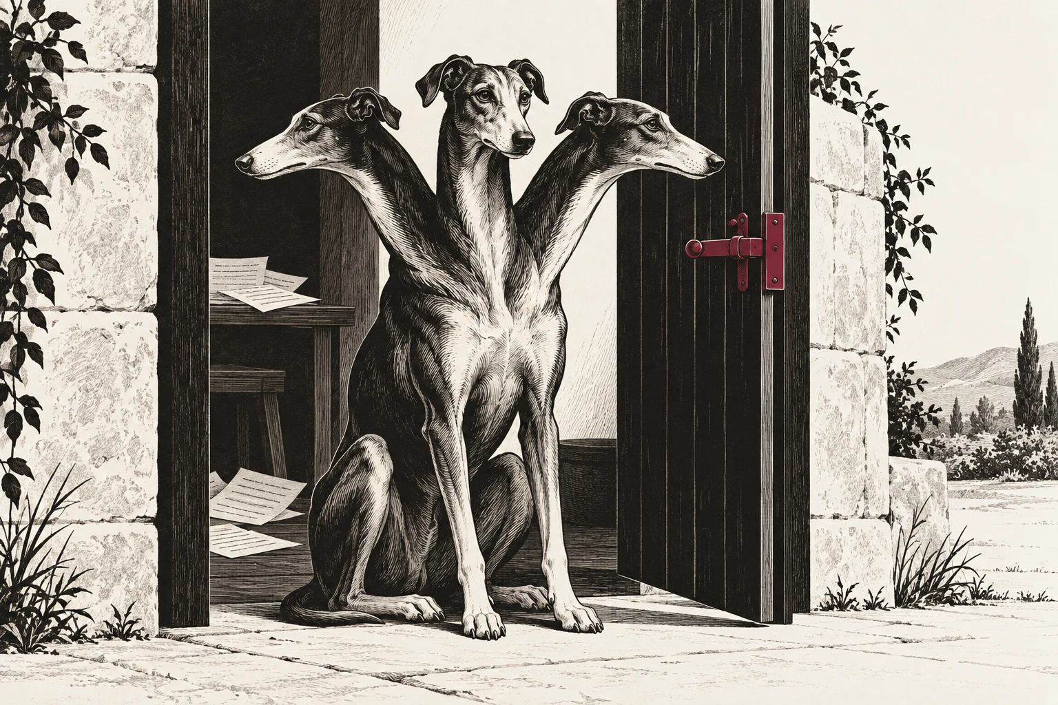 A three-headed hound guards a doorway, keeping the review drafts inside.